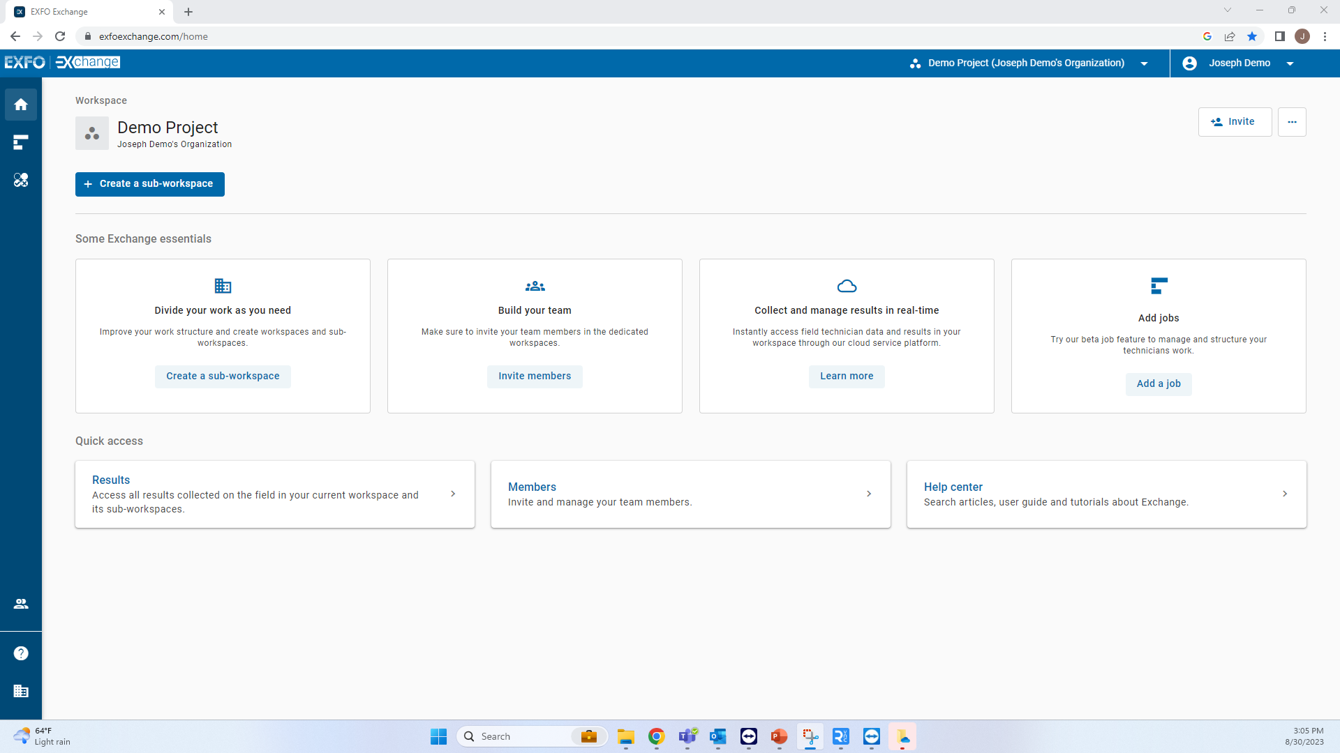 Imagem oficial do EXFO Exchange com espaço de trabalho, equipe e acesso aos resultados