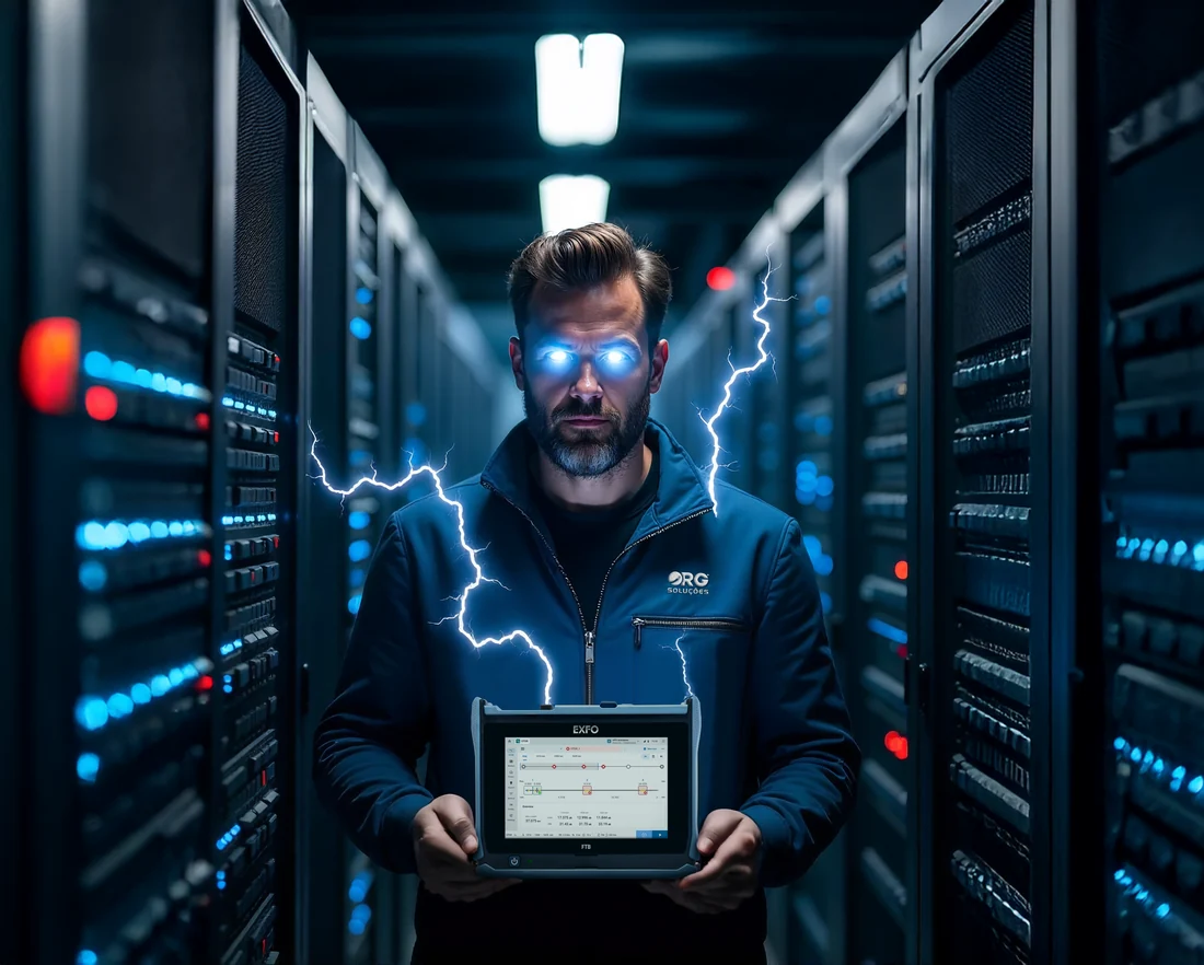 Fiber Hero, personagem da RG Soluções, com um equipamento EXFO